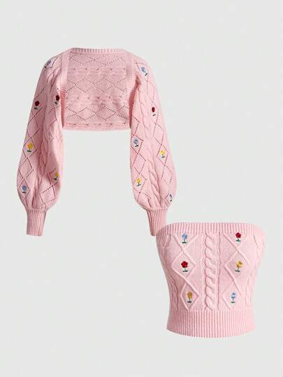 Kawaii 2pcs/Set Sweet Pink Embroidered Tie-Up Decor Soft Knit Sweater Set - Tube Top + Short Cardigan, Christmas & New Year