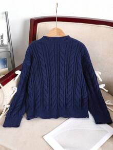 SHEIN Tween Girl Knitted Contrast Color Bow Decor Casual Pullover Sweater, Comfortable & Cute, Suitable For Daily Wear - Navy Blue - View 2