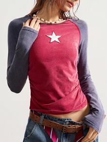 Bohemela 女士休闲针织拼接圆领长袖修身水洗T恤，适合冬季、圣诞节、新年穿着 - 彩色 - 查看 1