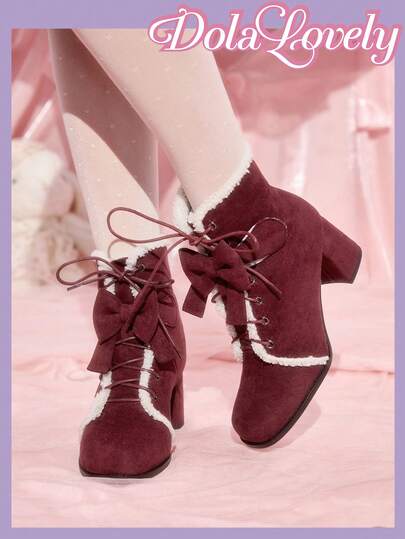 Dola Lovely Sweet Princess Student Bowknot Lolita Short Boots, Low Chunky Heel, Soft Girl Academy Style Boots For Women, Suitable For Halloween, Christmas, Autumn/Winter