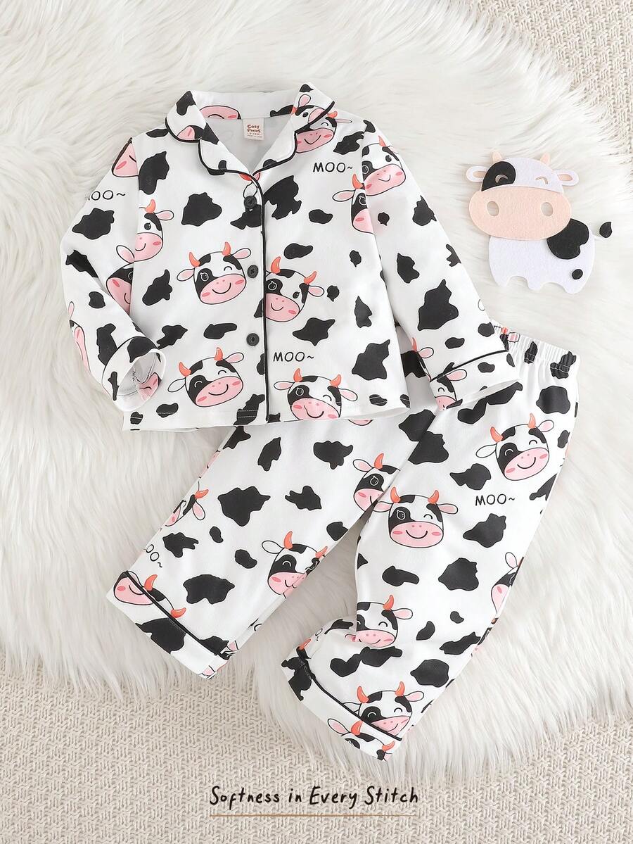Cozy Pixies 2件套女婴卡通奶牛印花针织软领开衫和松紧腰裤套装 - 彩色 - 查看 1