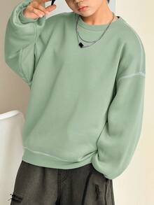 SHEIN 男童休闲韩版宽松撞色圆领卫衣，适合通勤、上学、日常休闲、运动、秋冬季穿着。 - 薄荷綠 - 查看 4