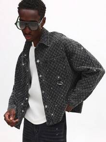SUMWON Chaqueta vaquera para hombre con incrustaciones de rhinestones y patrón brillante, de manga larga y abotonada, para salidas casuales - Negro - Ver 1