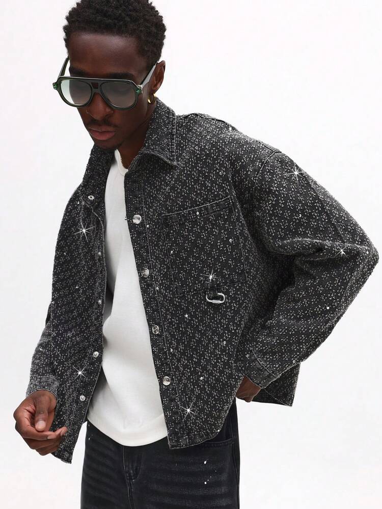 Rhinestone Denim Jacket With Sparkle Pattern