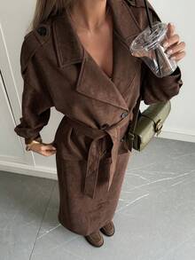 Livesso Women's Vintage Double-Breasted Jacket And Skirt 2 Pieces Set, Autumn Lounge Sets For Women - Coffee Brown - View 5