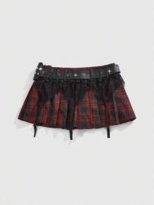 ROMWE J-Fashion Kpop 万圣节朋克格子暗黑性感蕾丝拼接二合一低腰超短百褶裙 - 紅色 - 查看 2