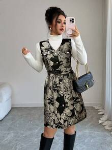 Selianne Abito mini aderente con scollo a V, senza maniche, con texture ricamata e bottoni davanti, elegante e versatile per l'ufficio, stile francese - nero - Visualizzare 4