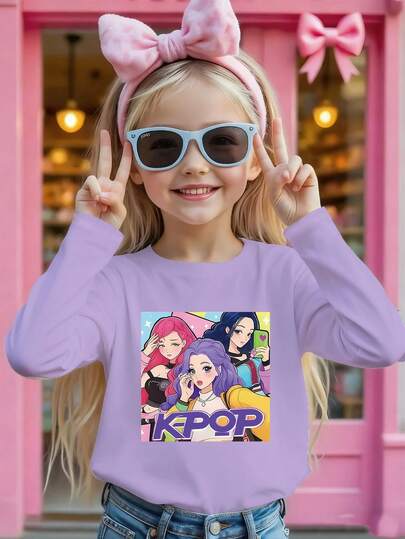 1pc Tween Girl K-Pop Band Theme T-Shirt, Purple & Pink Cartoon Design, Crew Neck Long Sleeve, Machine Washable, Suitable For Outdoor Activities, Casual Wear, Daily Wear In All Seasons | Graphic Tee | Suitable For Outings And Home Wear In All Seasons