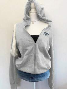 Tween Girl Casual Letter Graphic Zip-Up Hooded Jacket, Autumn - Grey - View 1