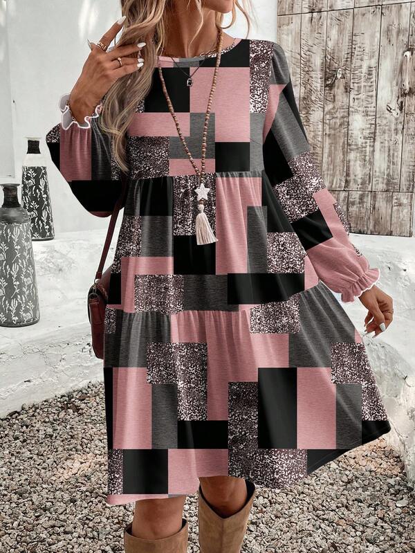 EMERY ROSE Plus Size Loose Fit Round Neck Casual Dress With Textured Color Block Print, Suitable For Autumn/Winter