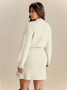 Elaquor Plus Size Crew Neck Raglan Sleeve Casual Versatile Comfortable Knit Sweater Dress/Winter - Apricot - View 2