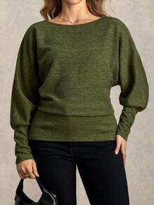 Zelara Plus Size Women Casual Round Neck Batwing Sleeve T-Shirt With Textured Fabric Long Sleeve Top Women Sweater New Year