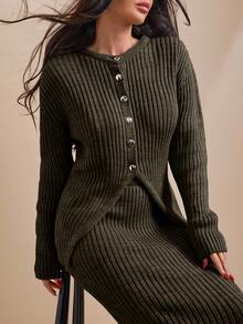 EURMUSE Conjunto de cardigan y falda de punto acanalado con botones delanteros de unicolor para mujer - Verde militar - Ver 3