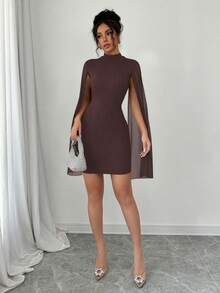 Elenzga Mini Bodycon Dress With Stand Collar Cape, Solid Color - Brown - View 4