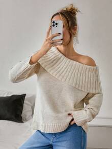 EURMUSE Women Neck Drop Shoulder Sweater Knit Pullover - Beige - View 1