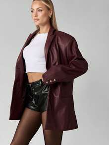 MISSGUIDED Oversized Faux Leather Blazer Jacket Fall Winter Long Sleeve Button Front Lapel Collar Professional Office Business Wear Party Evening Outerwear - Burgundy - View 6