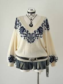 Sunspun Áo len chui đầu cổ chữ V cỡ lớn cổ điển với họa tiết Fair Isle và tay áo hình lồng đèn, mùa thu/đông - Nhiều màu - Xem 7