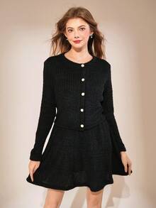 Teen Girls Cozy Fuzzy 2pcs Outfit,Long-Sleeve Button Front Cardigan&Flared Mini Skirt Set,Black Soft Textured Autumn,Casual,Holiday Stylish Ensemble - Black - View 6
