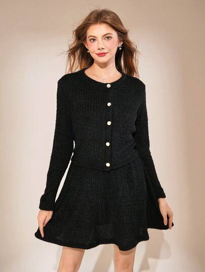 Teen GirlElegant Knitted Cardigan With Matching Knitted Skirt, Suitable For Winter, Autumn