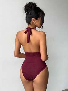 Aloruh Bộ đồ liền thân dệt kim jacquard màu đỏ tía hở lưng dành cho nữ - Màu Đỏ Sâu - Xem 2