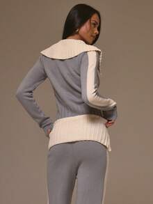 MUSERA Gestrickter Kontrast Figurbetonter asymmetrischer Reißverschluss Kragen Detail Cardigan Top, Cool Girl, Streetstyle, Süß, Herbst, Winter, Neujahr