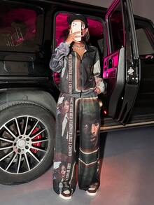 Slaydiva 2025 Winter New Arrivals, New Year, Valentine's Day, Parties, Evenings, Dates, Gatherings, Birthday Parties, Preppy Style, Student Wear, Casual Outings, Basic And Versatile, Casual, Cruise Travel, Popular Online Items, Elegant, Commuter, Business Casual, Simple. Simple Polo Collar Half-Zipper Jacket + Loose Straight Leg Trousers With Real Pockets, Full-Panel Portrait Print, Burgundy Suit, Winter Suit, Party Suit, Date Suit, New Year Suit, Casual Suit, Women's Two-Piece Set. - Multicolor - View 9