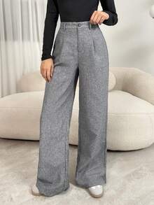 SHEIN Tall 教师装女装灰色褶裥优雅长裤带口袋，秋冬灰色高腰阔腿裤宽松大码裤商务职业女装宽松阔腿裤秋季女装冬季女装外出下装