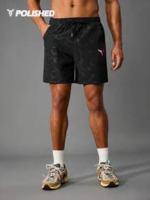 Acti Log 男士松紧腰抽绳口袋开叉牛头图案运动短裤男跑步短裤男士运动短裤男士健身服跑步短裤 - 彩色 - 查看 4