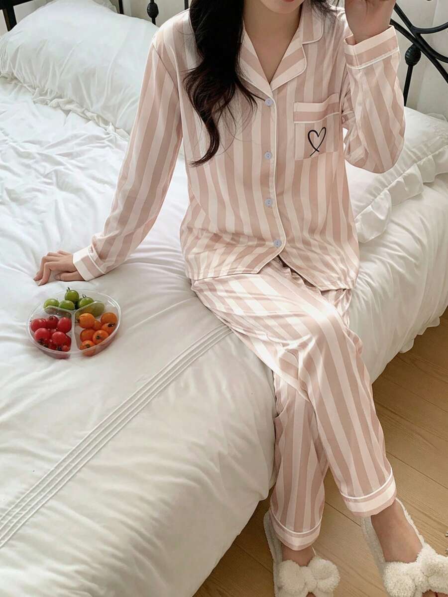 2件套少女休闲香槟色斜纹布爱心刺绣长裤长袖家居服套装 - 彩色 - 查看 1