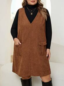 SHEIN CURVE+ Vestido casual sin mangas con cuello en V y bolsillos utilitarios de unicolor para mujer de talla grande