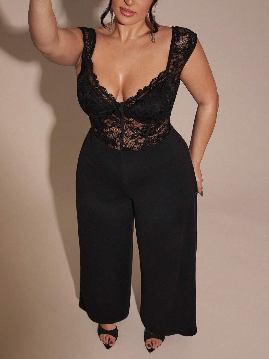 SHEIN BAE Plus Size Women Elegant Lace Patchwork Wide Leg Pants, Long Trousers, Autumn/Winter, Plus Size Valentines - Black - View 1