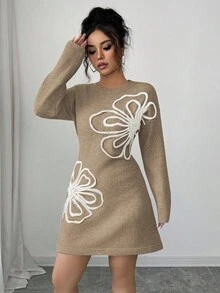Elenzga Gaun Rajut Elegan dengan Dekorasi Bunga 3D, Musim Gugur/Musim Dingin - Khaki - View 5