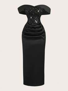 SHEIN PETITE Robe noire à épaules dénudées avec fente haute, avec des bretelles transparentes invisibles pour prévenir les accidents vestimentaires - Noir - Voir 8