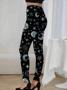 EMERY ROSE Large Casual Leggings - Women's Starry Sky Print Elastic Waist Tight Fitness Leggings, Suitable For All Seasons - Grey - View 2