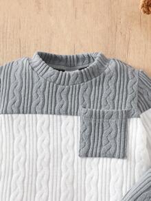 SHEIN 2件套婴儿/男童休闲灰色、蓝色和白色条纹针织上衣，肩部带口袋和纽扣，圆领长袖，搭配松紧腰裤，面料柔软舒适，适合春、秋、冬季户外、居家、休闲穿着。 - 彩色 - 查看 5