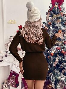 LanaWest Women's Casual Christmas Letter Print Turtleneck Red Embroidered Dress, Fall/Winter For New Year Clothes - Brown - View 2