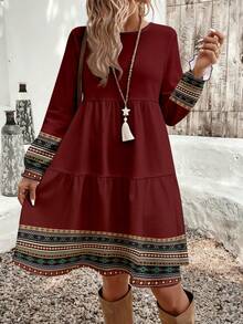 EMERY ROSE Casual Geometric Print Bohemian Style Loose Fit Round Neck Plus Size Dress, Suitable For Autumn/Winter New Year Party - Multicolor - View 3