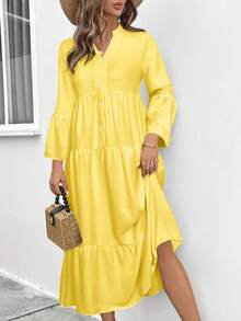 SHEIN LUNE 女式缺口领单排扣长袖休闲连衣裙长款女装 - 黃色 - 查看 6