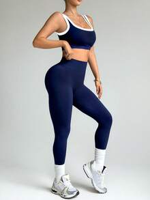 Gameset SHEIN Sport 一套包含一件无缝U领露背上衣和一条七分运动紧身裤，女士运动服套装，适合跑步、瑜伽和健身。 - 藏蓝色 - 查看 7