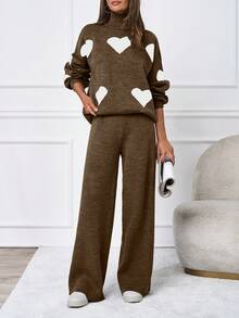 SHEIN Tall 2pcs/Set Casual Heart Pattern High Neck Sweater, Tall Women - Chocolate Brown - View 6
