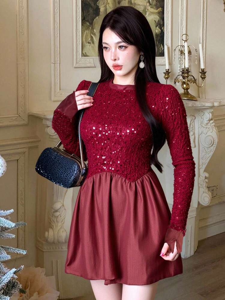 Women's Solid Color Minimalist Long Sleeve Midi Dress With Sequin Decor, Everyday Wear,New Year Christmas Carnival Sparkly Dress