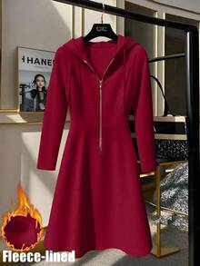 GlowEve 女士针织金色拉链装饰连帽卫衣连衣裙，法式休闲日常通勤时尚，法式优雅街头复古百搭假日商务米色/象牙色长袖连衣裙，秋冬款