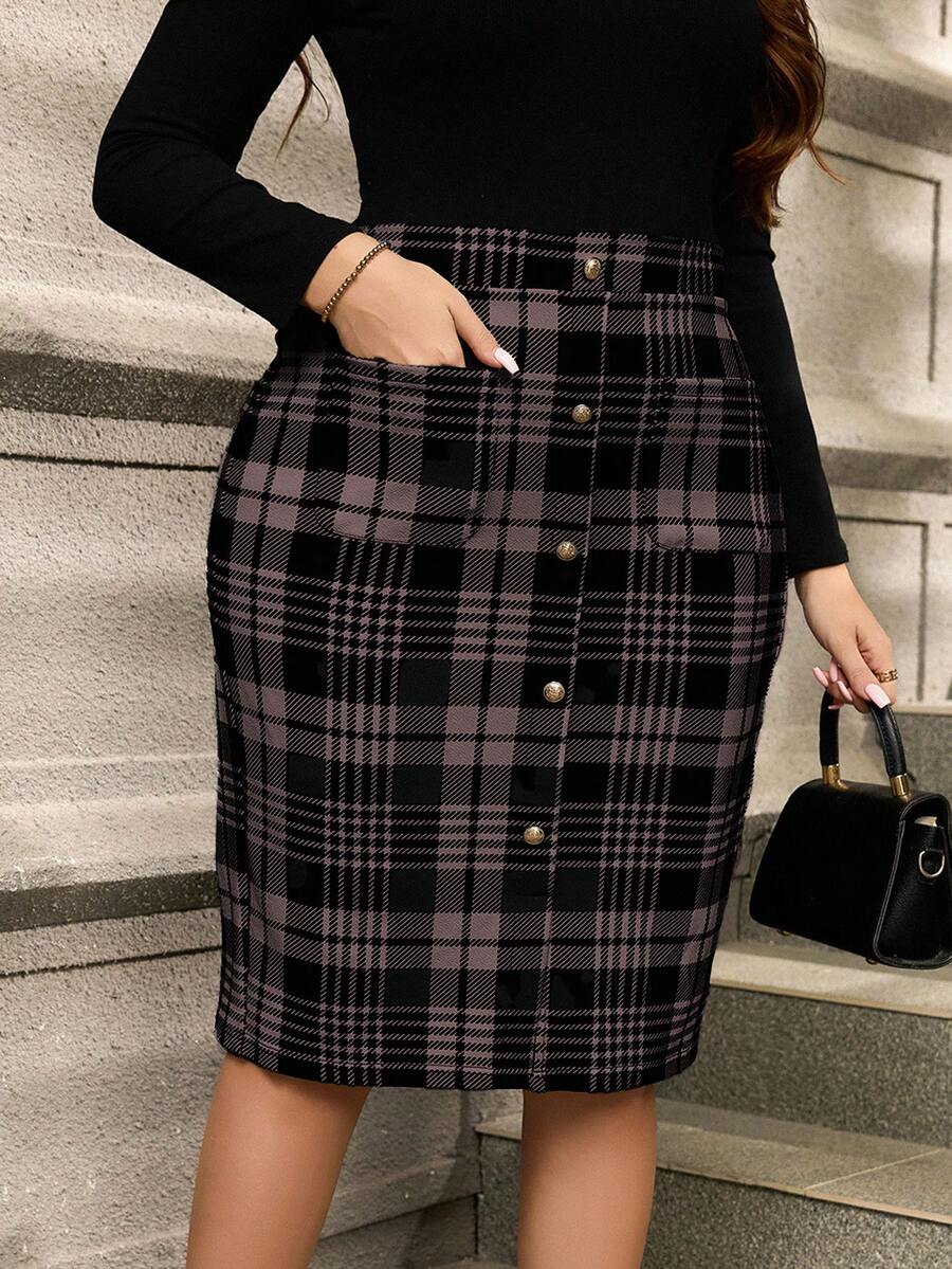SHEIN Clasi 大码女式优雅格子印花半身裙 - 咖啡棕 - 查看 1
