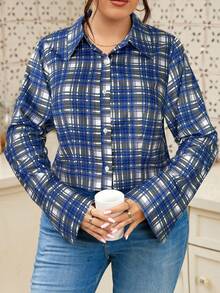 Elenzga Camisa casual de talla grande con mangas raglán y botones con contraste de cuadros - Azul - Ver 3