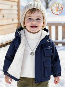 Baby Boys' Hooded Thermal Lined Slanted Pocket Zipper Pocket Casual Versatile Jacket, Suitable For Outdoor & Indoor Wear, Autumn/Winter - Navy Blue - View 3