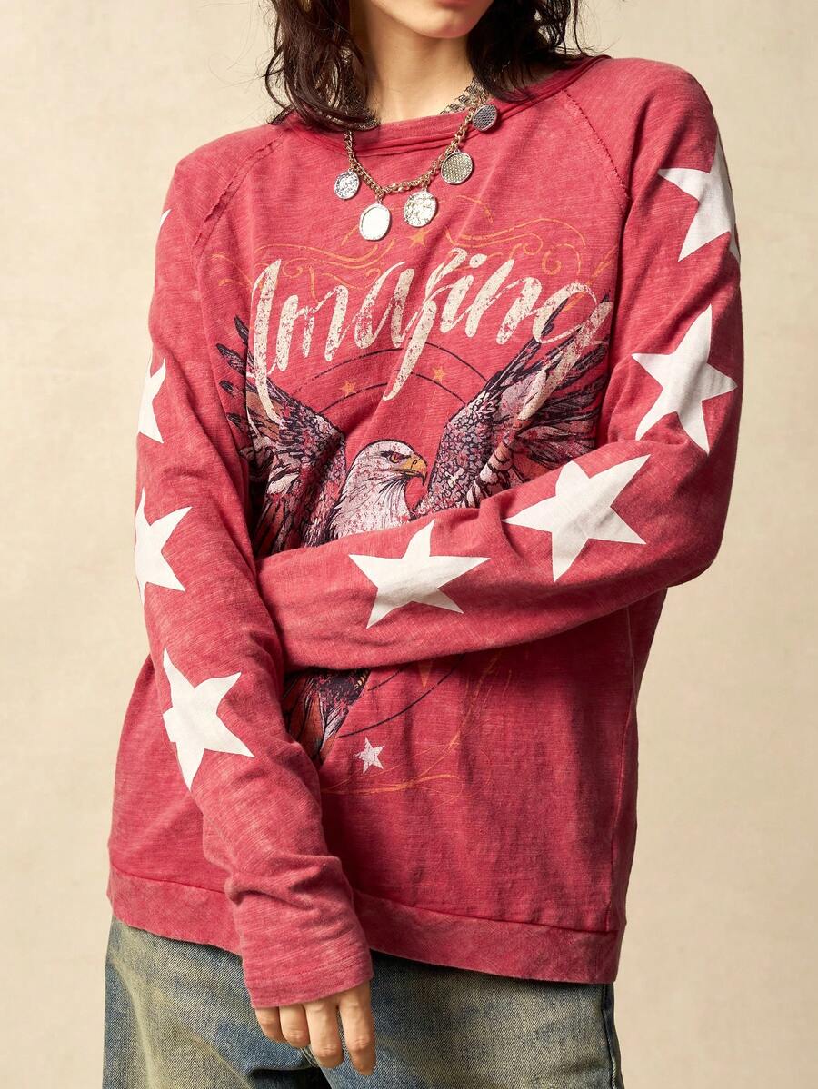 Bohemela Camiseta holgada de mujer de cuello redondo de manga larga de punto de unicolor - Burdeos - Ver 1