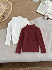 SHEIN LMoss Kids LMoss 多件装女婴高领长袖修身套头毛衣 - 紅色 - 查看 2