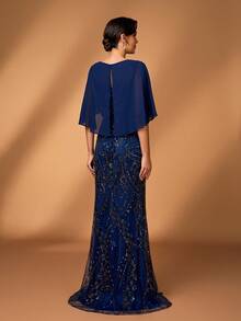 Serin 优雅奢华的藏蓝色珠饰亮片花卉拼接雪纺美人鱼裙，适合婚礼、派对、度假、舞会、新娘母亲晚礼服等场合。 - 藏蓝色 - 查看 3