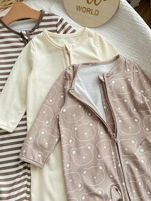 SHEIN 3件套新生女宝宝可爱卡通图案针织长袖连体衣套装，秋冬季 - 米色 - 查看 7