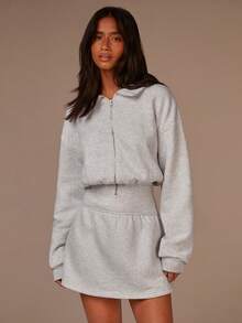 Athîral Women's Casual Grey Belted Zip-Up Half-Open Sweatshirt Dress, Soft And Warm Knit Fabric, Autumn And Winter Outfits, Grey Shorts Dress,Clothes For New Year - Light Grey - View 1